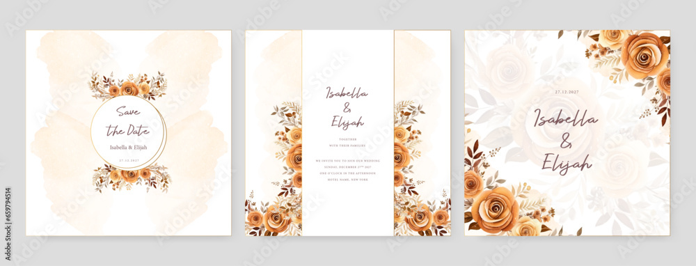 Gold rose set of wedding invitation template with shapes and flower floral border