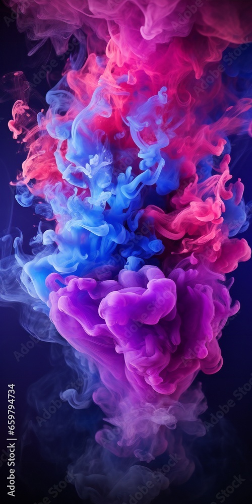 Fototapeta premium Cloudy smoke closeup, evaporates from bottle neck, blue purple and pink colors Generative AI