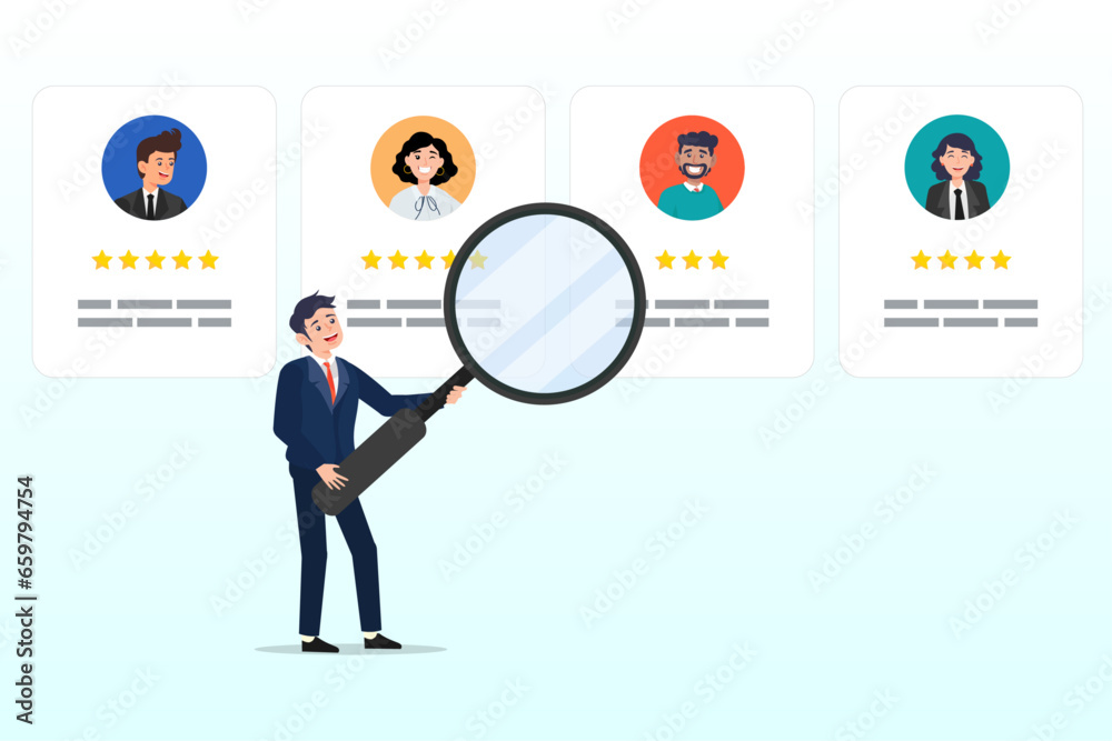 Business people HR with magnifier to choose choose candidate resume, recruitment hiring process to choose candidate to fit job position, HR Human Resources recruiting people fill in vacancy (Vector) Business people HR with magnifier to choose choose candidate resume, recruitment hiring process to choose candidate to fit job position, HR Human Resources recruiting people fill in vacancy (Vector)