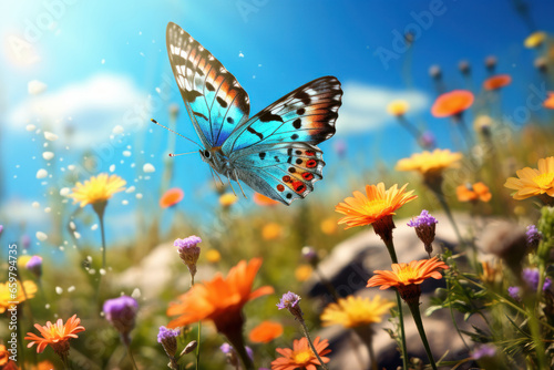 Colorful journey Butterfly soaring over a vibrant field of flowers. AI Generative wonder captures the vibrant charm and natural elegance of this moment.