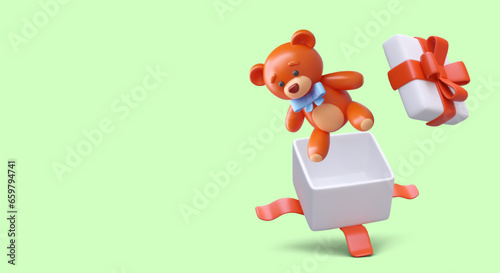 Open gift box with cute soft teddy bear. Toy for kids concept. Poster with present for children, green background and place for text. Vector illustration in 3d style
