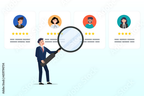 Business people HR with magnifier to choose choose candidate resume, recruitment hiring process to choose candidate to fit job position, HR Human Resources recruiting people fill in vacancy (Vector) 