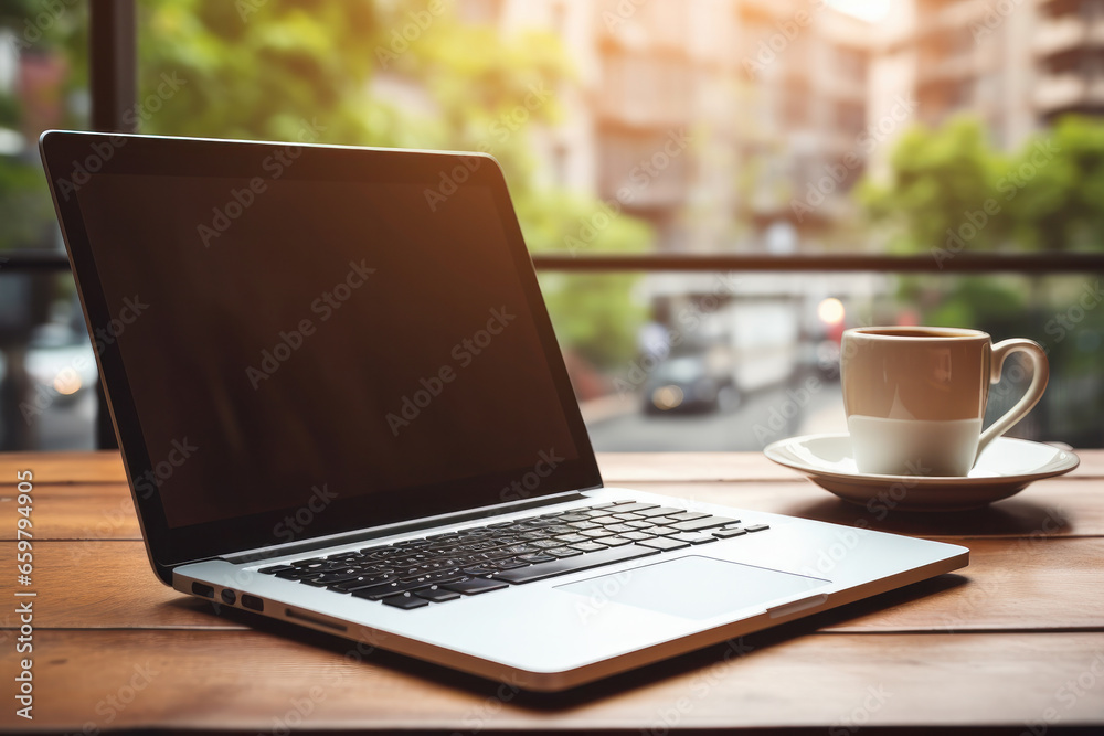A laptop awaits on a wooden table in the heart of nature. AI Generative digital workspace in a serene environment. A laptop awaits on a wooden table in the heart of nature. AI Generative digital workspace in a serene environment.