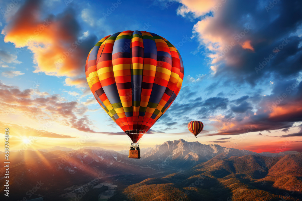 Fototapeta premium Tranquil mountain escape Hot air balloon ride offers a serene experience amidst breathtaking landscape. AI Generative beauty in the skies.