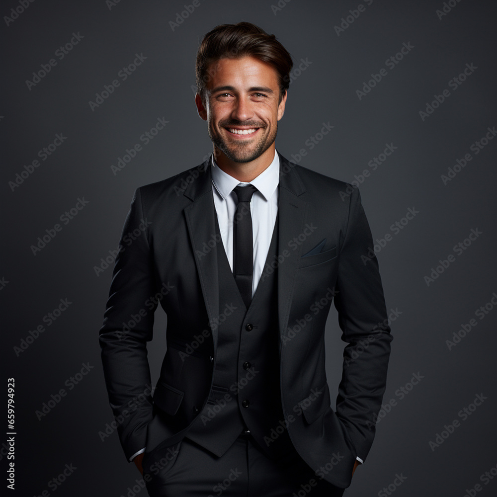 Man wearing formal clothes smiling at camera with hands in pockets isolated over gray background, ai technology Man wearing formal clothes smiling at camera with hands in pockets isolated over gray background, ai technology
