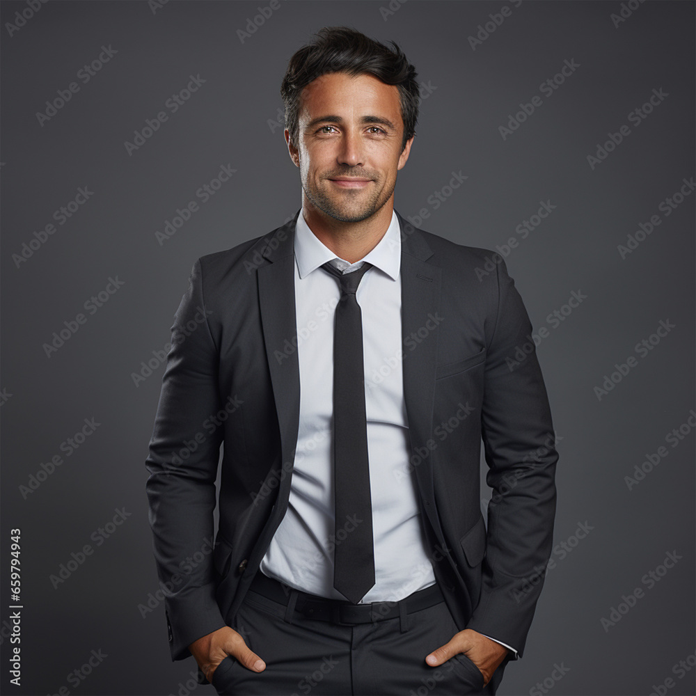 Man wearing formal clothes smiling at camera with hands in pockets isolated over gray background, ai technology Man wearing formal clothes smiling at camera with hands in pockets isolated over gray background, ai technology