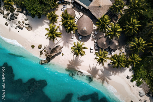 Tropical escape from above Aerial view of a sun-kissed beach and lush palm trees. AI Generative vacation dreams.