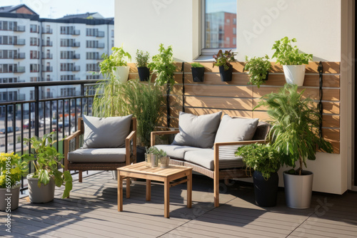 Relax in luxury Cozy balcony space featuring a swing chair, modern design, and lush, picturesque surroundings.