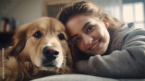 closeup shot within a cozy living room of a young Caucasian girl lays down head to head with her cherished golden retriever dog. 
