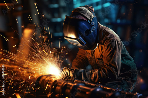 Metalwork mastery Handymen at the workshop weld and grind amidst sparks. AI Generative magic captures the artistry of skilled craftsmanship.