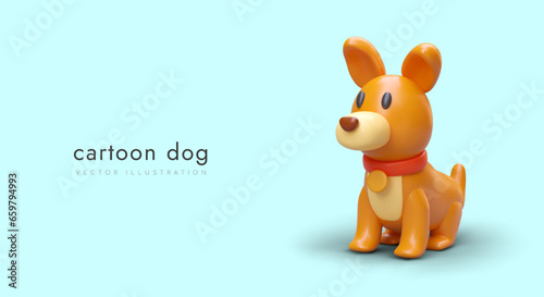 3D dog in cartoon style. Toy animal. Little pet. Colored puppy with collar. Concept of children toys. Advertisement of store, event, exhibition. Vector template