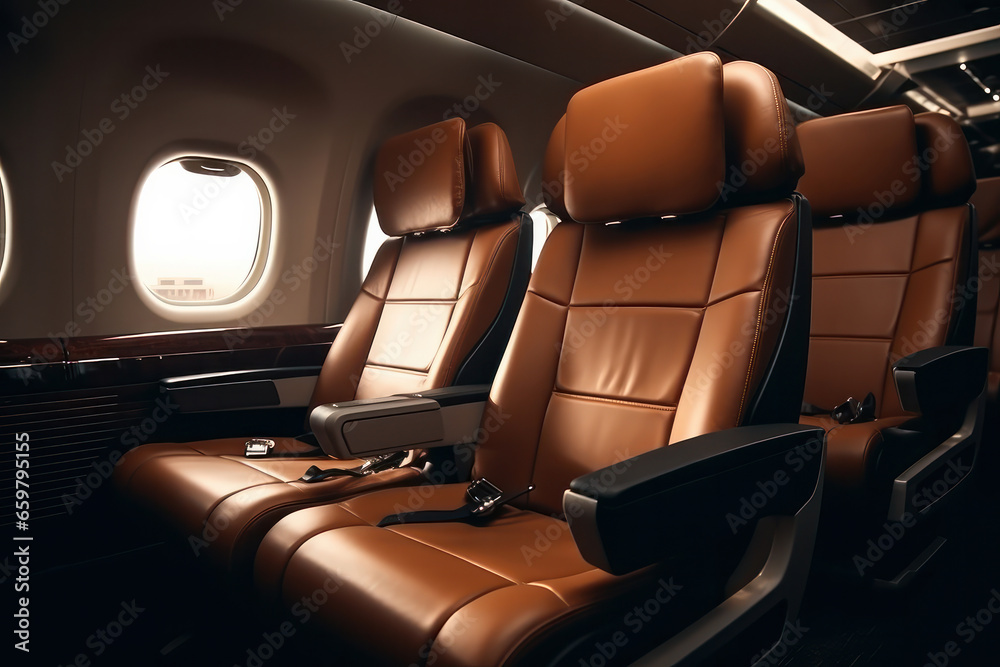 Obraz premium Discover the beauty of air travel inside the cabin. Unoccupied seats, a window view, and the magic of the skies. Jet set in style is AI Generative.