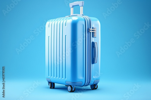 Travel essentials A large blue suitcase with wheels awaits adventure against a clean blue studio background is AI Generative.