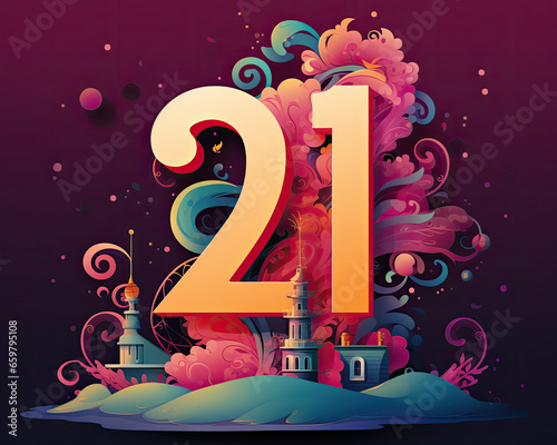 Whimsical Number 21 Illustration for Birthday Invitations, Created with Generative AI