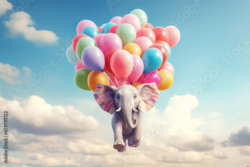Join the celebration of creativity as an elephant floats away with balloons. A whimsical and joyful illustration that sparks the imagination is AI Generative.