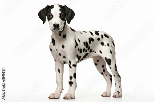 Adorable Dalmatian dog  standing proudly in profile against a white background. This spotty companion is AI Generative.