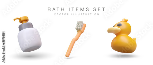 Bath items set. 3d realistic rubber duck, dispenser for different liquids and toothbrush. Web poster for store selling cosmetic products and toys. Vector illustration