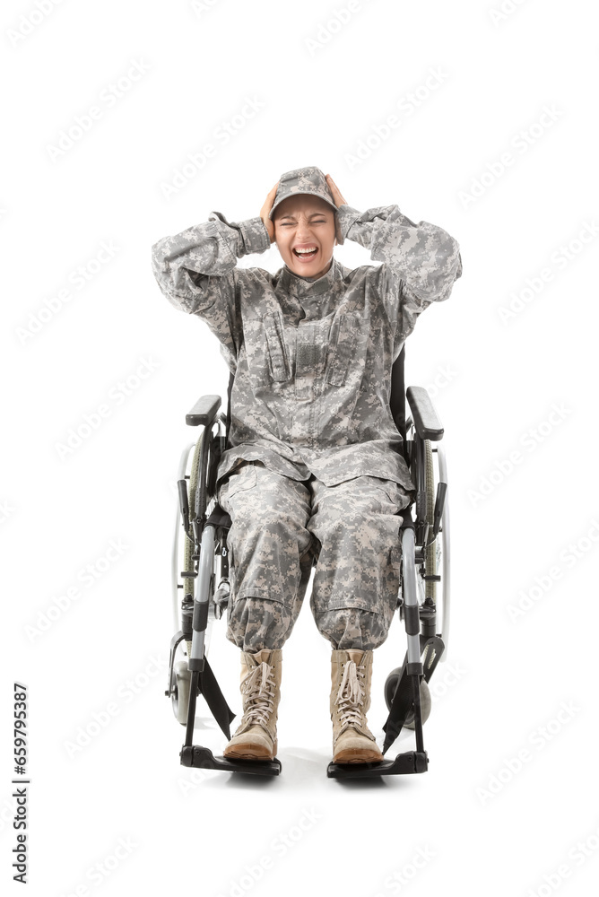Female soldier in wheelchair with PTSD on white background