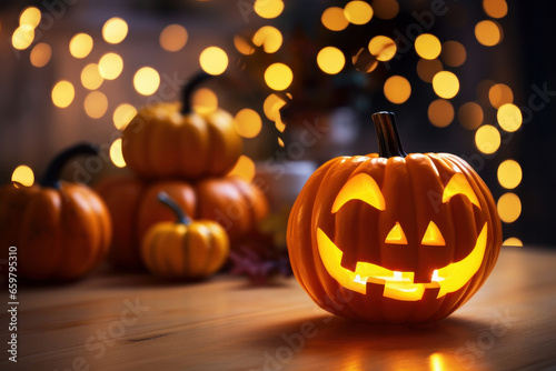 Halloween pumpkin, jack-o-lantern on wooden background. Festive decoration, autumn fun. Spooky lantern with funny face. Candle-lit night. AI Generative.