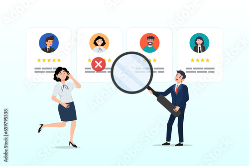 Businessman HR choose redundancy employee, redundant job, layoff staff or reduce head count, fired employee or worker, losing job from economic recession, dismiss or picking redundant staff (Vector)