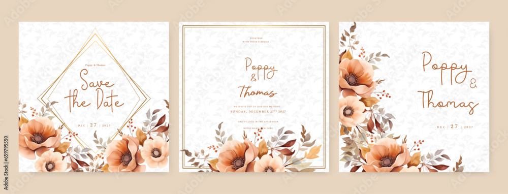 Brown and beige poppy artistic wedding invitation card template set with flower decorations