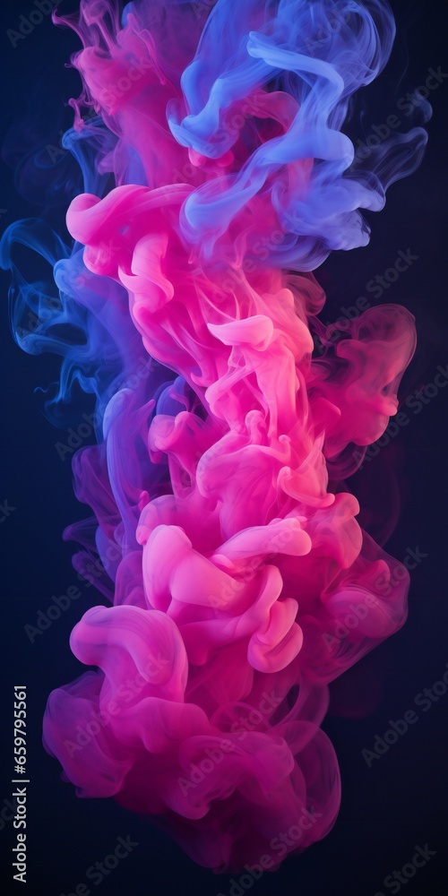 Cloudy smoke closeup, evaporates from bottle neck, blue purple and pink colors Generative AI