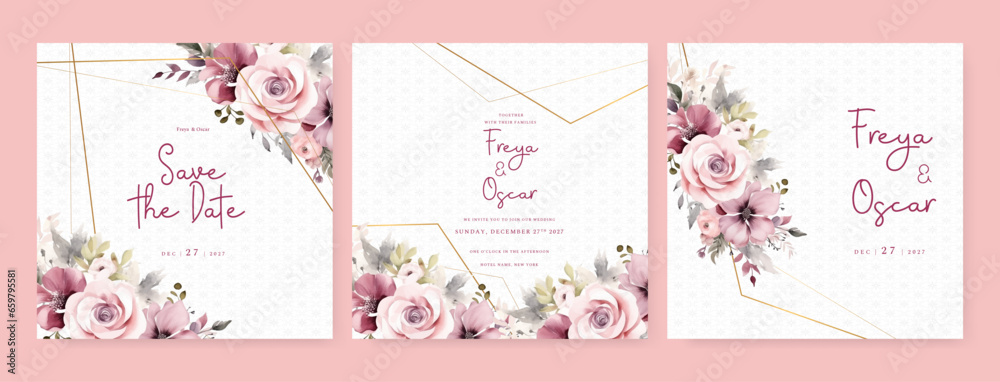 Pink modern wedding invitation template with floral and flower