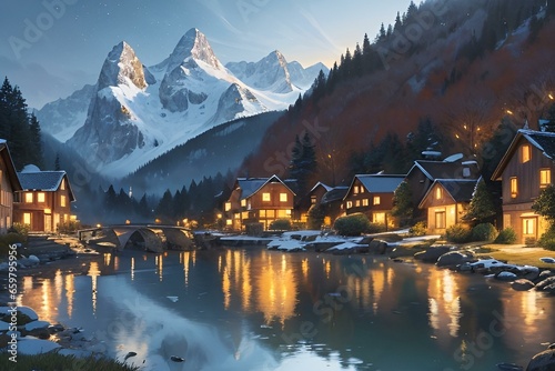 "Lakeside Retreat in the Mountains: AI Artwork of Serene Village"
Experience the enchanting allure of a remote mountainside village by the water, aglow with the magic of cozy cottage lights.