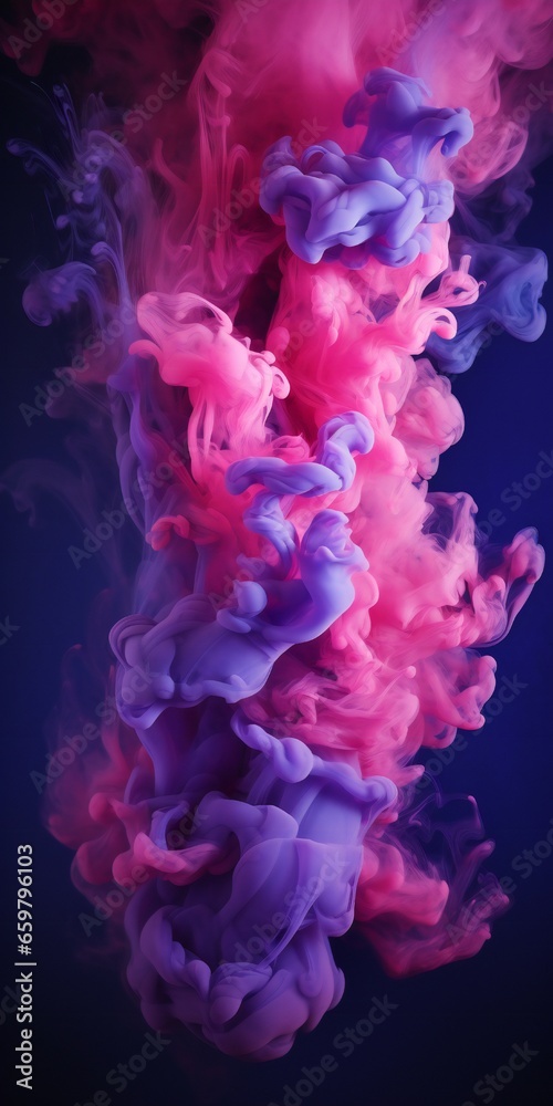 Fototapeta premium Cloudy smoke closeup, evaporates from bottle neck, blue purple and pink colors Generative AI