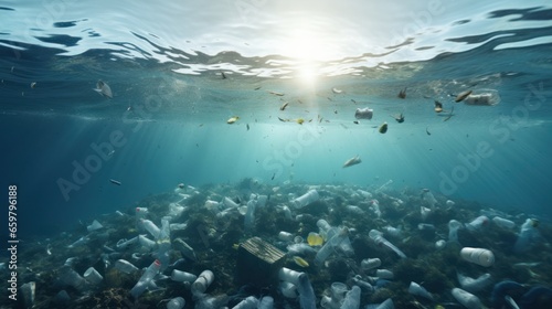 Garbage floating under water. Ocean pollution with plastic bottles and garbage. Environmental pollution consept.