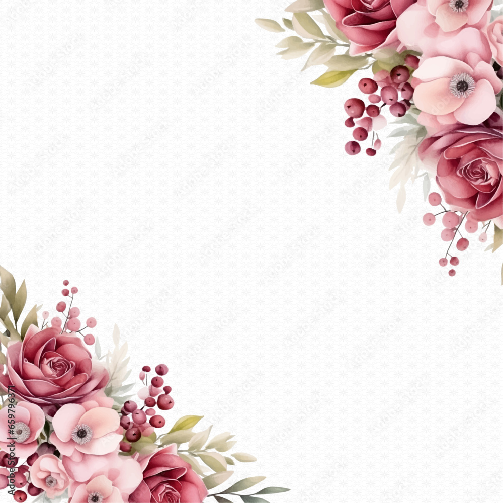 Red and pink elegant watercolor background with flora and flower