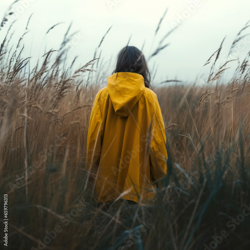 Female in high grass wearing rain coat