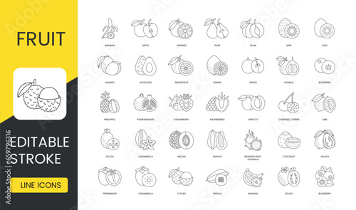 Fruits line icons set in vector, editable stroke, banana and lychee, carambola and persimmon, papaya and melon, feijoa and lemon, raspberries and strawberry, blueberry and guava, coconut and dragon.