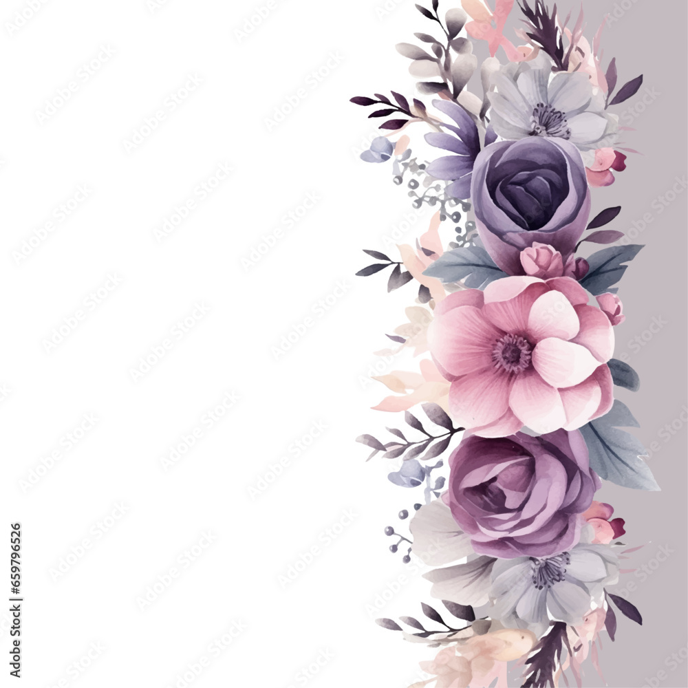 Purple violet and pink vector frame with foliage pattern background with flora and flower