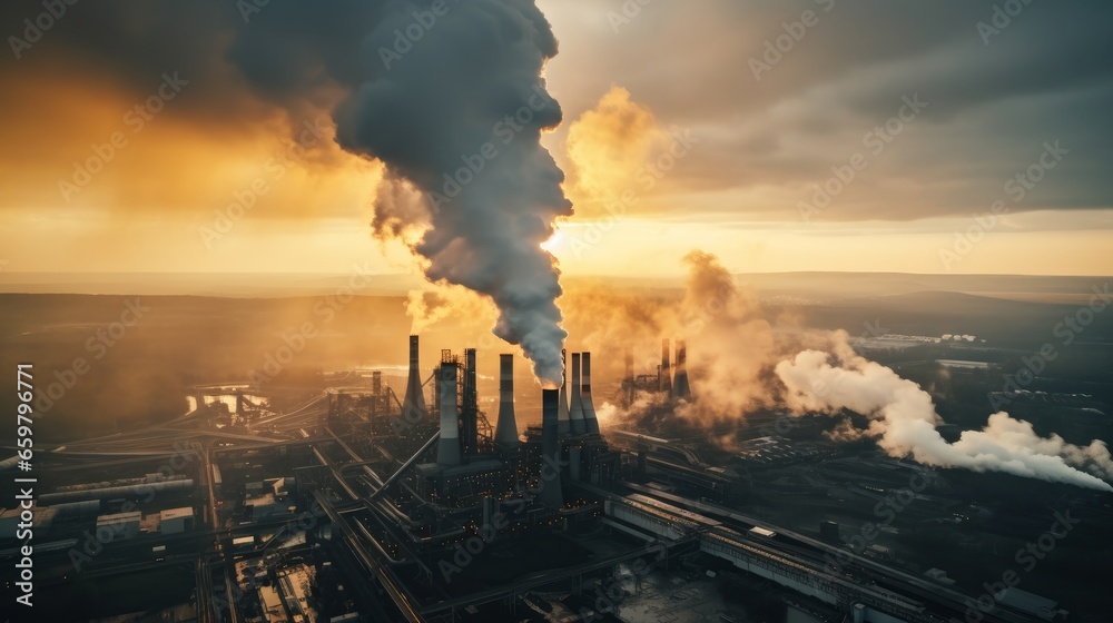 Industry metallurgical plant dawn smoke fog emissions bad ecology air. Environmental pollution.