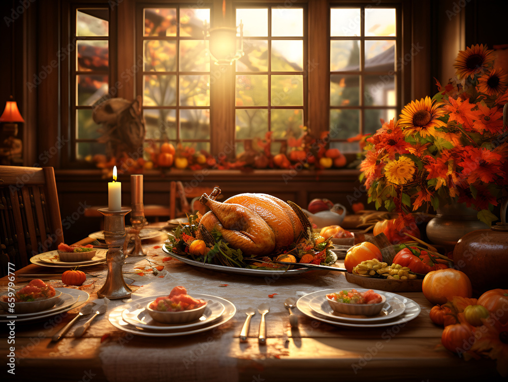 Fototapeta premium Cozy wooden retro home thanksgiving food for dinner