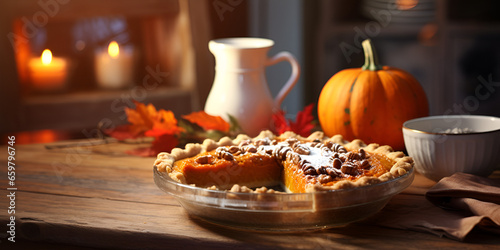 Delicious pumpkin pie, on a table with blurred background
