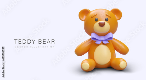 Colorful poster with realistic teddy bear with purple bow. Object in 3d style for advertising campaign for store selling toys. Vector illustration with purple background