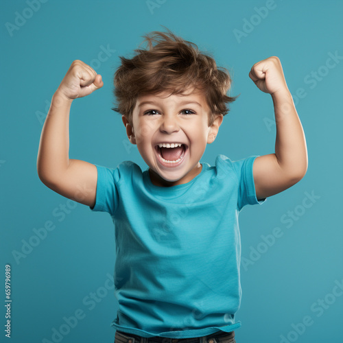 Little kid boy isolated showing tongue. Funny little power super hero kid showing muscles, ai technology