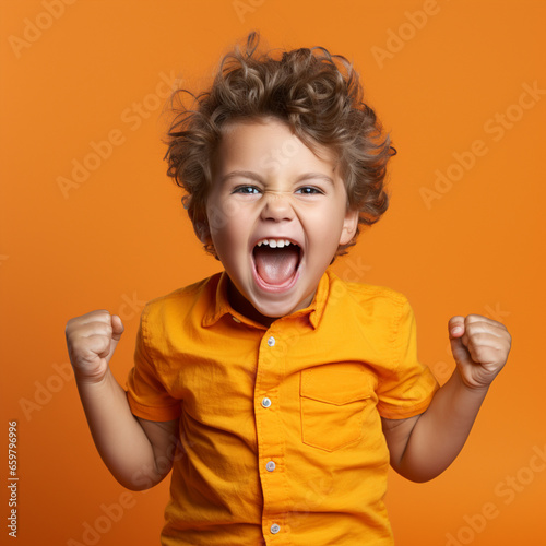 Little kid boy isolated showing tongue. Funny little power super hero kid showing muscles, ai technology