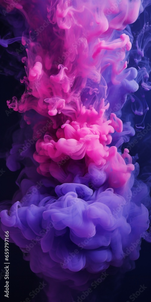 Obraz premium Cloudy smoke closeup, evaporates from bottle neck, blue purple and pink colors Generative AI