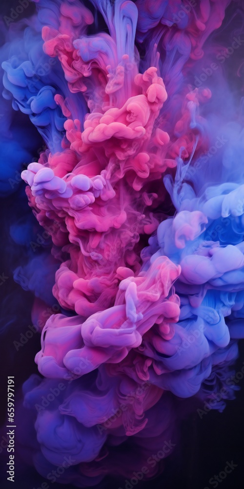Obraz premium Cloudy smoke closeup, evaporates from bottle neck, blue purple and pink colors Generative AI