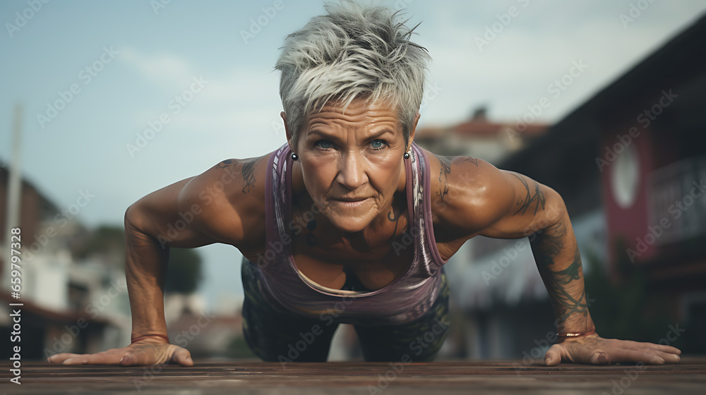 Fototapeta premium Old Woman Doing Push-Ups on Deck Outdoors