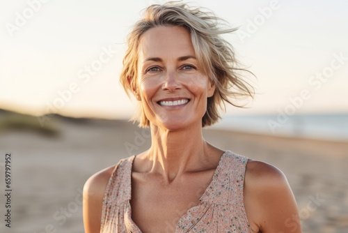 Portrait of a smiling mature woman standing on the beach at sunset
