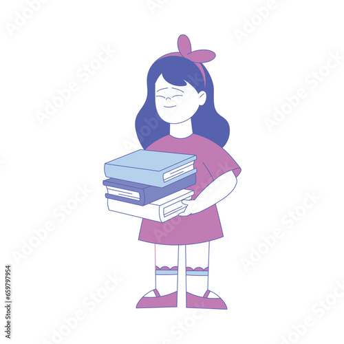 Smiling Girl First Grader Standing Holding Books Vector Illustration