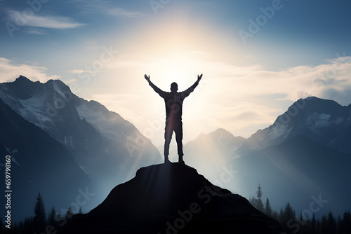 A man standing on top of a mountain as the sun sets. Goals  success and achievements concept photo