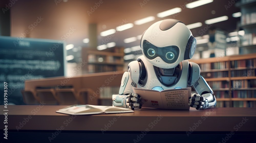 Robot reading book in library as growth in machine learning and artificial intelligence technologies. Charming, cute, modern and humanoid robot design with futuristic progress in robotics and AI. Robot reading book in library as growth in machine learning and artificial intelligence technologies. Charming, cute, modern and humanoid robot design with futuristic progress in robotics and AI.