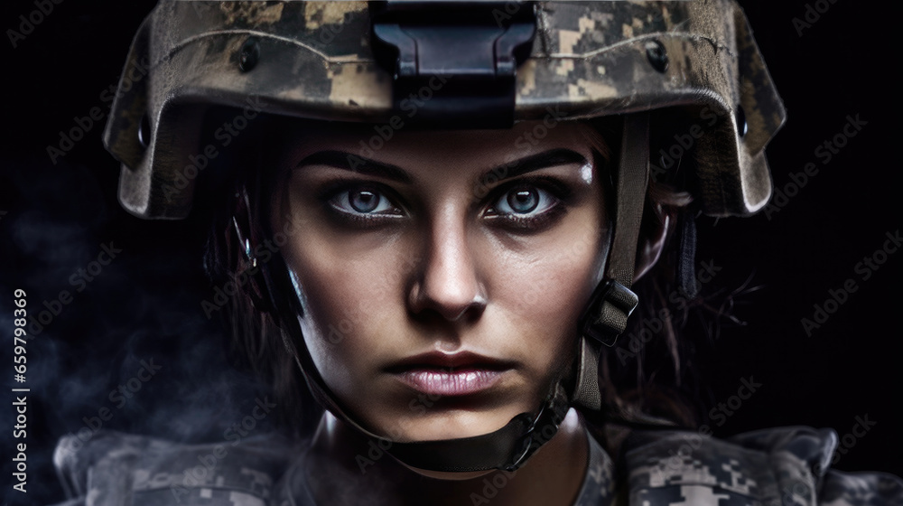 A strong looking woman wearing military uniform including camouflage fatigues and a helmet. She is ready for war to protect and serve her country. Generative Ai A strong looking woman wearing military uniform including camouflage fatigues and a helmet. She is ready for war to protect and serve her country. Generative Ai