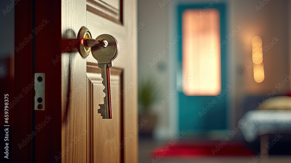 Apartment, Key in door at apartment. Real Estate Investment, mortgage, renting, and property ownership. Generative Ai Apartment, Key in door at apartment. Real Estate Investment, mortgage, renting, and property ownership. Generative Ai