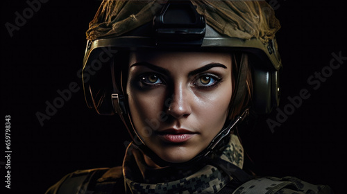 A strong looking woman wearing military uniform including camouflage fatigues and a helmet. She is ready for war to protect and serve her country. Generative Ai